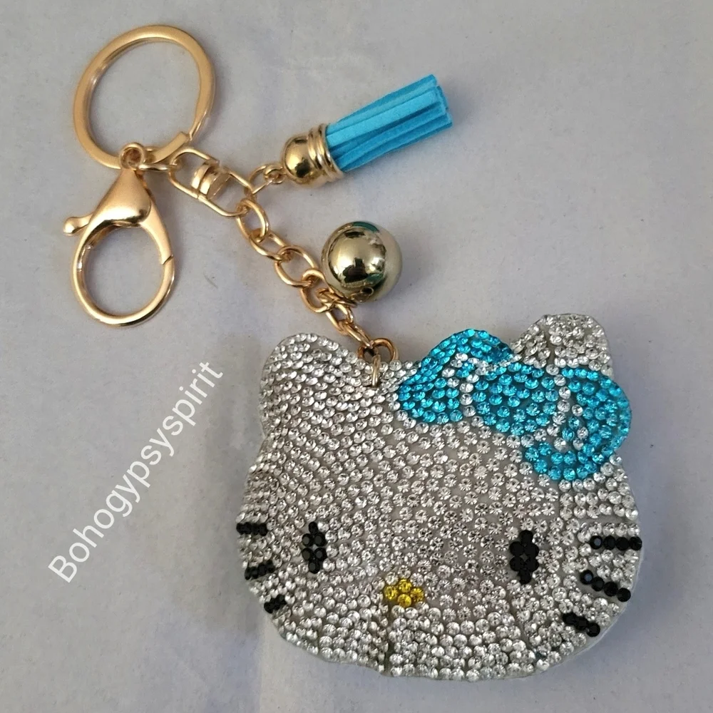 Hello Kitty Blue Bow Crystal Rhinestone Keychain Bag Charm With Tassel